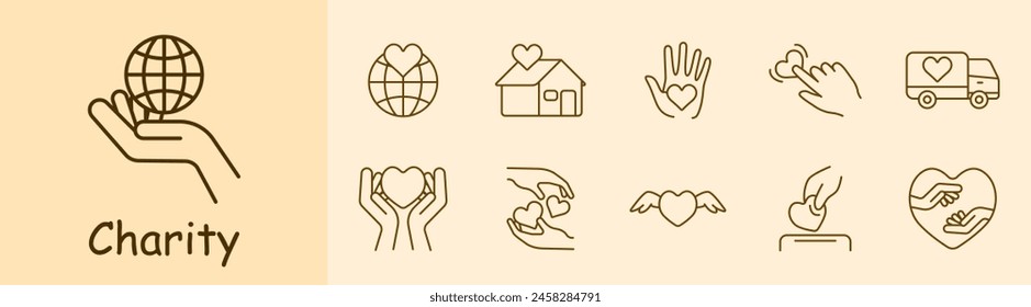 Charity set icon. Helping those in need, heart, palms, hands, van, peace, feelings, postcards, wings, protection, support, assistance, aftercare, humanitarian aid, financial support. Helping concept.