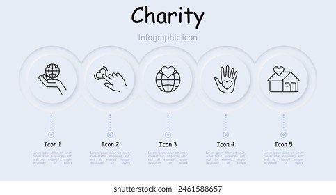 Charity set icon. Helping those in need, heart, hands, peace, feelings, infographic, neomorphism, protection, support, assistance, aftercare, humanitarian aid, financial support. Helping concept.
