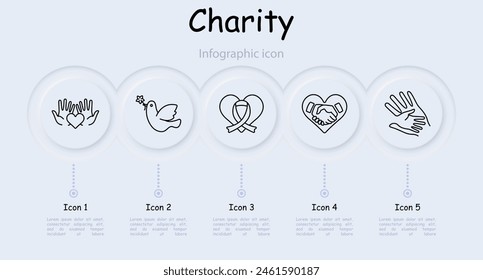 Charity set icon. Helping those in need, heart, palms, hands, ribbon, fighting cancer, bird, flower, infographic, humanitarian aid, financial support. Helping concept.