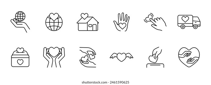 Charity set icon. Helping those in need, heart, palms, hands, van, peace, feelings, postcards, wings, protection, support, assistance, aftercare, humanitarian aid, financial support. Helping concept.