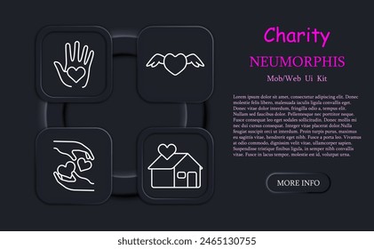 Charity set icon. Helping those in need, heart, palms, hands, neomorphism, humanitarian aid, financial support, handshake, mutual assistance, helping children without parents. Helping concept.