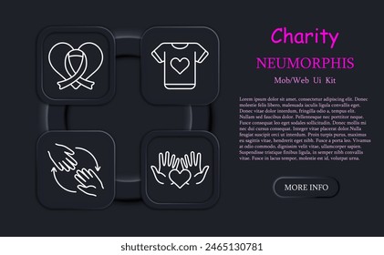 Charity set icon. Helping those in need, heart, palms, hands, neomorphism, humanitarian aid, financial support, handshake, mutual assistance, helping children without parents. Helping concept.