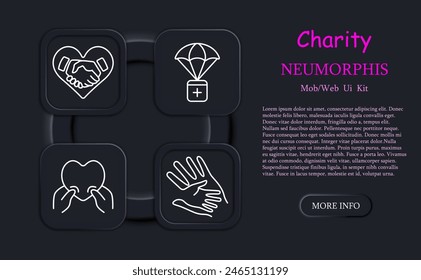 Charity set icon. Helping those in need, heart, palms, hands, neomorphism, humanitarian aid, financial support, handshake, mutual assistance, helping children without parents. Helping concept.