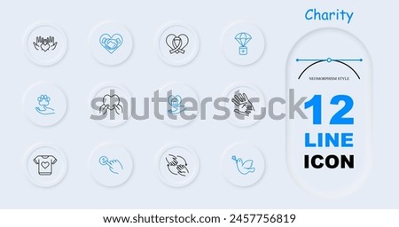 Charity set icon. Helping those in need, heart, palms, hands, ribbon, fighting cancer, bird, flower, animal protection, humanitarian aid, financial support, neomorphism. Helping concept.