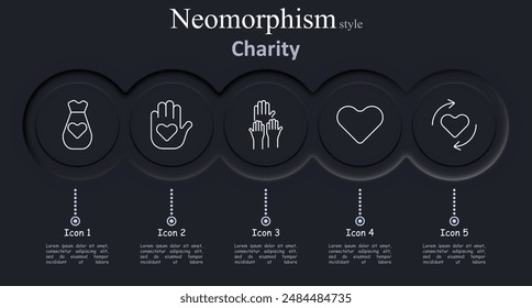 Charity set icon. Money bag, hand with heart, raised hands, heart, heart with arrows, donation, giving, helping, love, exchange, support, neomorphism, symbols, aid, nonprofit, charity, vector