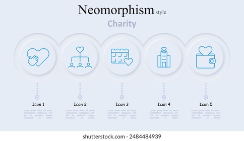 Charity set icon. Money bag, hand with heart, raised hands, heart, heart with arrows, donation, giving, helping, love, exchange, support, neomorphism, symbols, aid, nonprofit, charity, vector
