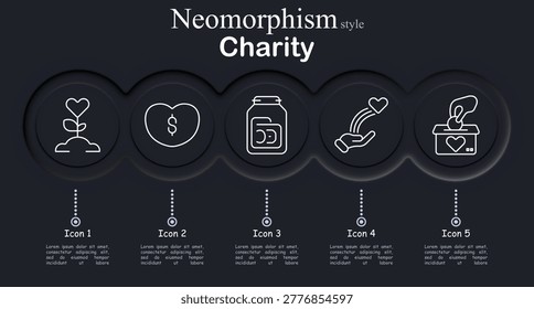 Charity set icon. Neomorphic circular interface line icons with heart plant sprout, money heart symbol, donation jar bills, helping hand heart gesture, ballot donation box
