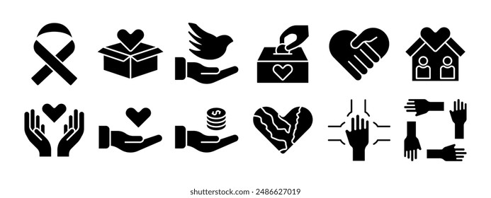 Charity set icon. Ribbon, donation box, peace dove, hands holding heart, house with heart, coins, Earth heart, teamwork, support. Charity and kindness concept.