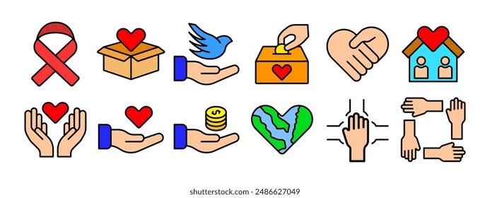 Charity set icon. Ribbon, donation box, peace dove, hands holding heart, house with heart, coins, Earth heart, teamwork, support. Charity and kindness concept.