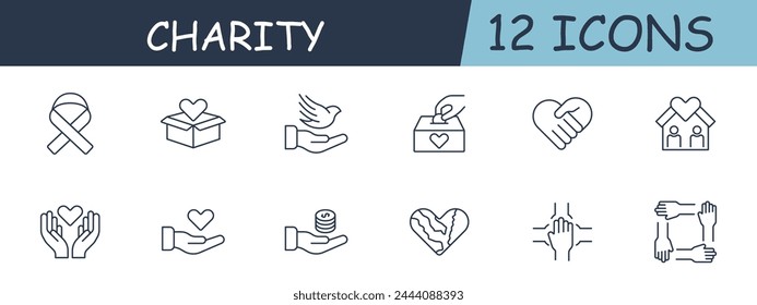 Charity set line icon. Box, dove, peace, donation, house, team robot. 12 line icon. Vector line icon for business and advertising