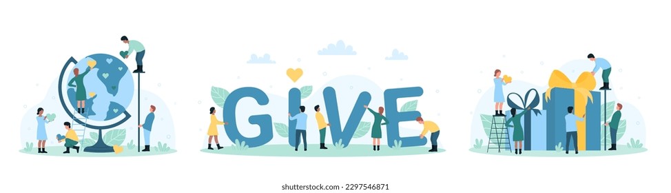 Charity set vector illustration. Cartoon tiny people donate love and hearts to world on globe of Earth, kind volunteers holding letter of Give word, giving donation gift boxes in humanitarian campaign