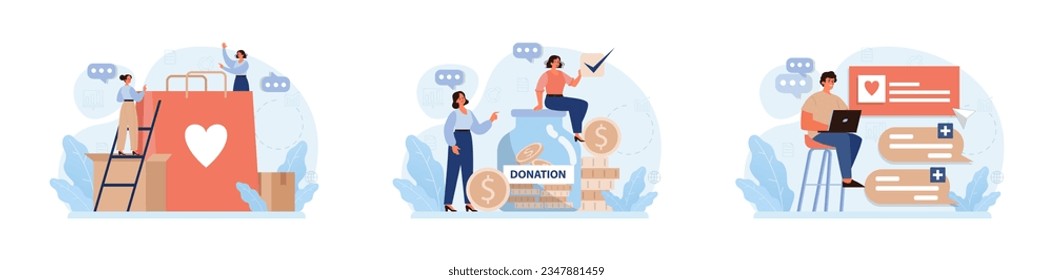 Charity set. Volunteers community take care of people in need. Idea of care and humanity. Humanitarian aid and donations for poor people support. Flat vector illustration