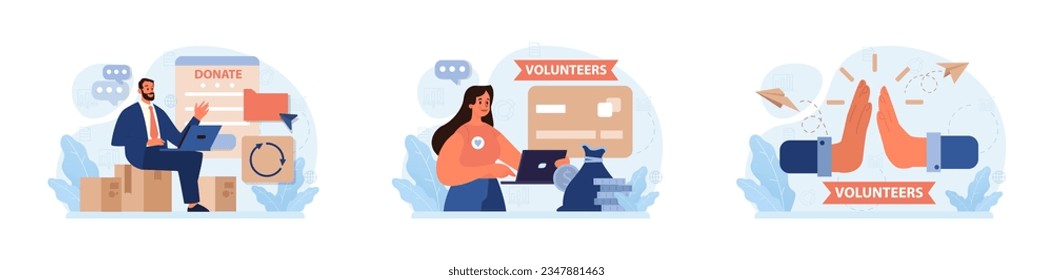 Charity set. Volunteers community take care of people in need. Idea of care and humanity. Humanitarian aid and donations for poor people support. Flat vector illustration