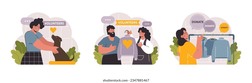 Charity set. Volunteers community take care of people in need. Idea of care and humanity. Humanitarian aid and donations for poor people support. Flat vector illustration