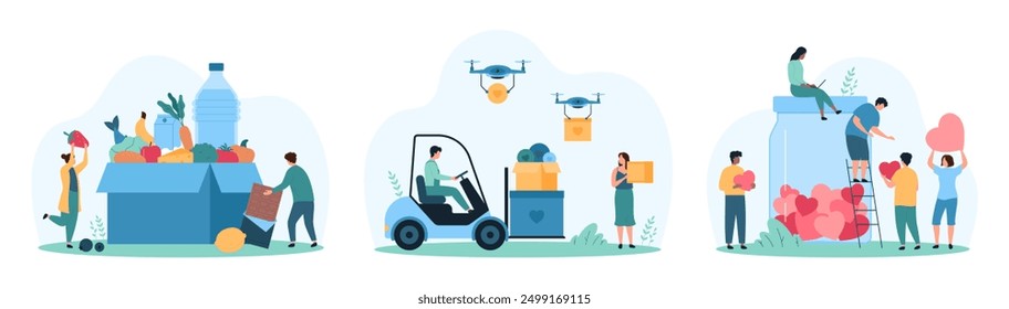 Charity social campaign, delivery of donations set. Tiny people on forklift and drones delivering boxes of hearts, give and donate red hearts of love gifts to glass jar cartoon vector illustration