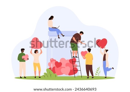 Charity social campaign, generous support and care of international community. Tiny people collect hearts in donation jar, volunteers give love and help, share kindness cartoon vector illustration