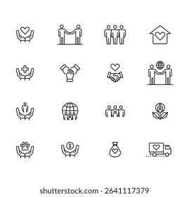 Charity and Social Care Line Icons Set Of Donations, Support, Community, and Volunteer Work Vector illustration.