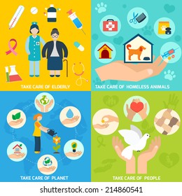 Charity Social Help Services And Volunteer Work Icons Set Flat Isolated Vector Illustration