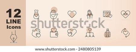 Charity and social set icon. Heart in hand, donation box, volunteer, community, calendar, hospital building, helping hands, organization chart. Charity