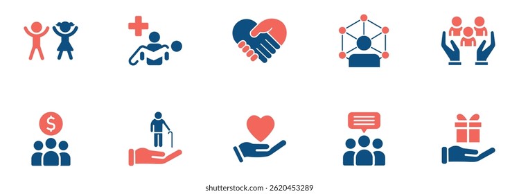 Pacote de Ícones de Apoio Social e Caridade. Conjunto de ícones vetoriais que ilustram os conceitos de assistência social, caridade e apoio à comunidade. Inclui doação, assistência médica, ajuda às mãos, assistência aos idosos, trabalho em equipe e amor