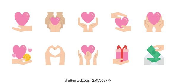 charity social well being help donation icons. flat color style icon set