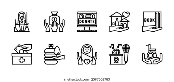 charity social well being help donation icons. outline minimal style icon set