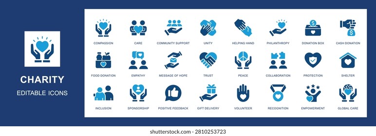 Charity solid icon set for donation, caring, charity, community, friendship, giving, and support symbols. Solid icon collection.