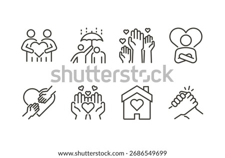 Charity, support and community support icons set.Thin line vector illustration for solidarity, donation, care, love