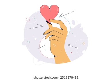 Concepto de Asistencia de caridad. Ilustración vectorial plana de dibujos animados. Abstractas mano colorida sosteniendo un corazón. Símbolo de donación con la mano da corazón. Compartiendo amor, símbolo de ayuda.