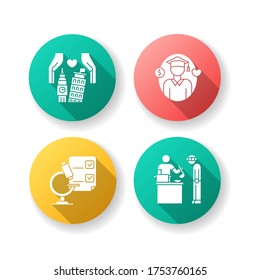 Soporte de caridad diseño plano sombra de los iconos de glifo conjunto. Conservación de monumentos. Viajes y turismo. Apoyo a los estudiantes. Préstamo educativo. Investigación médica. Ilustración de color RGB de silueta
