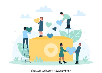 Charity, support and help from community. Cartoon tiny people hold hearts near donation box, group of volunteers give money and assistance flat vector illustration. Awareness, fund, solidarity concept