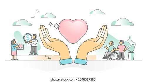 Charity support and money donation. Social elderly care outline concept. Humanity and solidarity with campaign for poor and old people vector illustration. Volunteer help as philanthropy project.