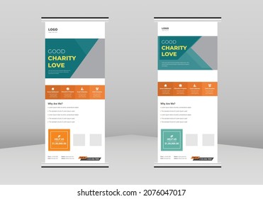 Charity support Roll up Banner Design, Charity donation poster Roll up leaflet template. Charity support poster template. Charity donation poster DL Flyer, Trend Business Roll Up Banner 