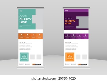 Charity support Roll up Banner Design, Charity donation poster Roll up leaflet template. Charity support poster template. Charity donation poster DL Flyer, Trend Business Roll Up Banner 
