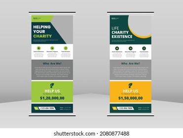 Apoyo de caridad Roll up Banner Design, Cartel de donación de caridad Roll up octavillas. Plantilla de afiche de apoyo a la caridad. Cartel de donación de caridad DL Flyer, diseño de pancarta de Trend Business Rolup