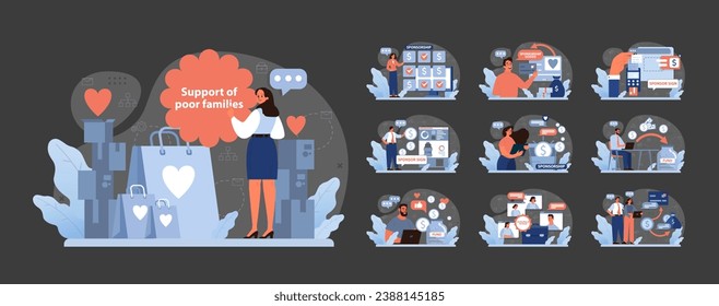 Charity Support Set. Aid to struggling families, digital fundraising platforms. Donation boxes, online sponsorship campaigns, community assistance. Reaching out, online funding goals. Flat vector