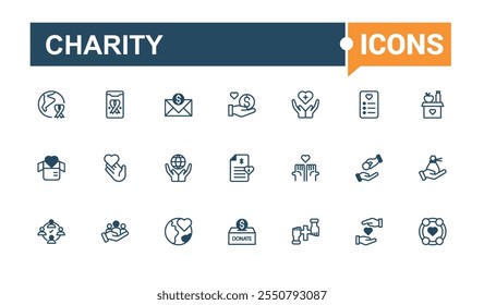 Conjunto de iconos de línea delgada de caridad. Contiene íconos como voluntarios, unidad, social, amigos, donación de sangre, fondos, asistencia y más. Icono de Vector editable e ilustración.