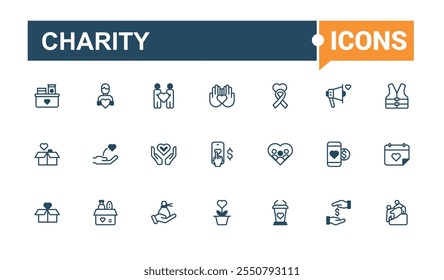 Charity thin line icon set. Contains such icons as volunteer, unity, social, friend, blood donation, fund, assistance and more. Editable vector icon and illustration.