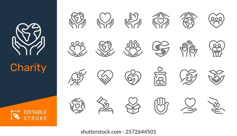 Charity thin line icons. Editable stroke. Pixel perfect.