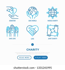 Charity thin line icons set: donation, save world, reunion, life saving, volunteers. Modern vector illustration. 