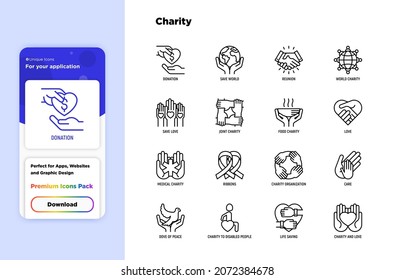 Charity thin line icons set: donation, save world, reunion, humanitarian aid, ribbon, medical support, charity to disabled people, life saving. Modern vector illustration. 