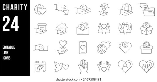 Conjunto de iconos de Vector de línea fina de caridad. Píxel perfecto. Trazo editable. El conjunto contiene iconos: Caridad, Donación caritativa, Una mano amiga, Voluntario, Forma de corazón, Caja de donaciones, Recaudación de fondos.