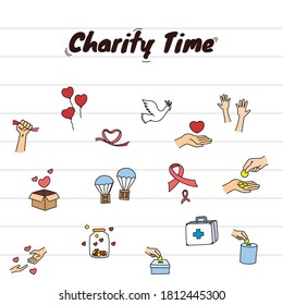 Charity time doodle illustration item with item vector colorful in paper background