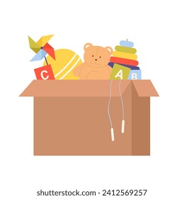 Charity toys donation box. Humanitarian help for kids, donation support cartoon vector illustration