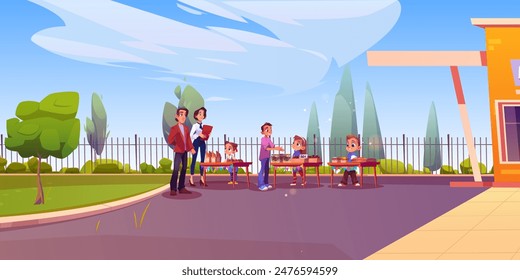 Charity trade fair in school yard. Vector cartoon illustration of happy children selling sweet snacks at festive outdoor market, fresh pastry, cookies, cakes on tables, parents and teachers smiling