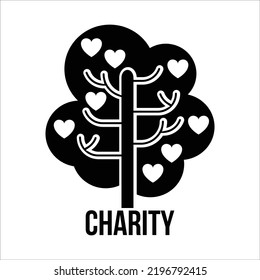 Charity Tree heart leaves on branches vector black icon - World charity and donation day signs and symbols