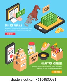 Charity two horizontal banners set of care for animals and charity for homeless isometric concepts vector illustration