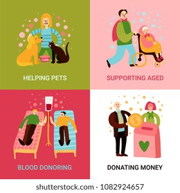 Charity types 2x2 design concept set of helping pets supporting aged blood donoring and donating money square icons flat vector illustration