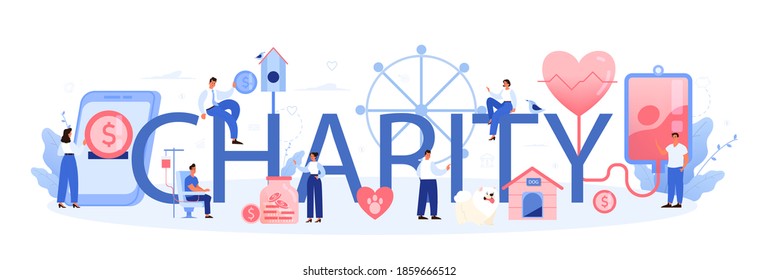 Charity typographic header. People or volunteer donate stuff to help people. Idea of humanitarian support and philanthropy. Isolated vector illustration in cartoon style