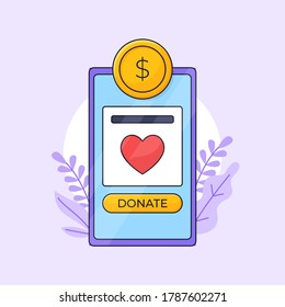 Charity undraising application vector outline illustration. Donation mobile app interface with gold coin icon.
